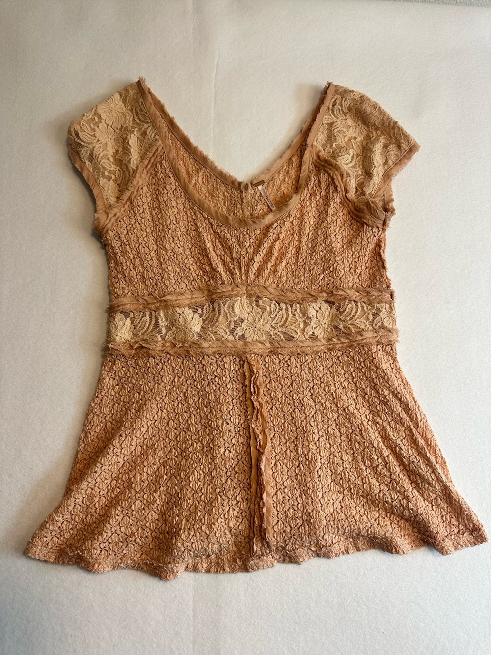 Free People Tan Beige Textured Floral Lace Button Back Cap Sleeve Top